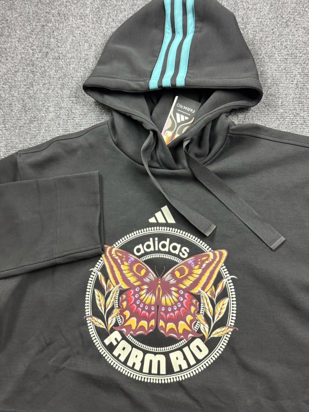 Adidas x Farm Rio Womens Small Cropped Hoodie Butterfly Black Sweatshirt